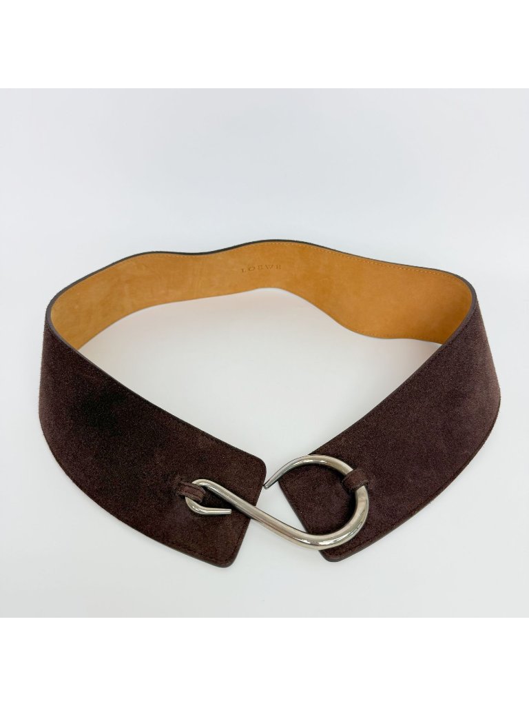 Loewe Suede Wide Hook Buckle Belt Brown Silver Vintage